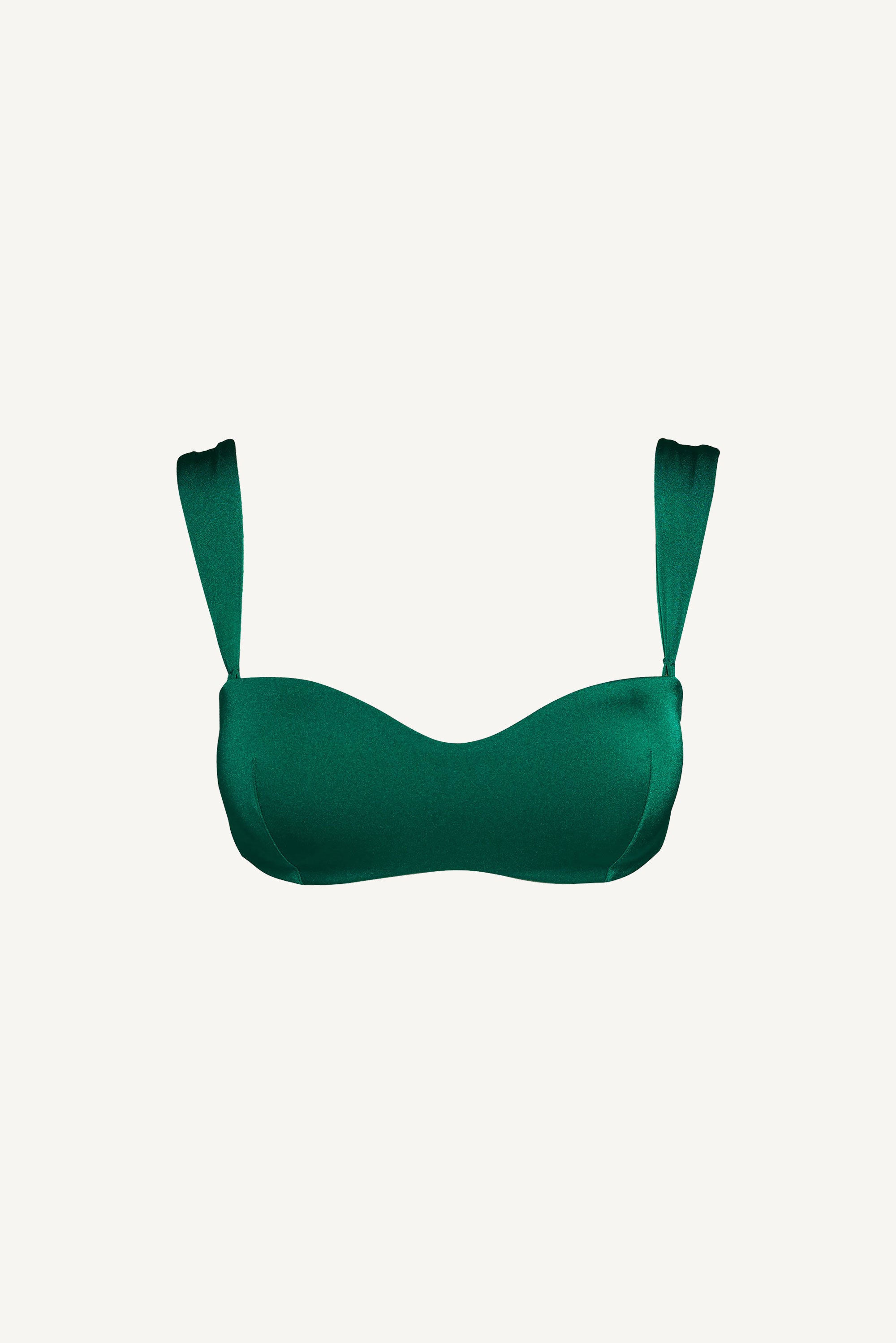 Emerald green bandeau bikini top with structured cups and wide shoulder straps.