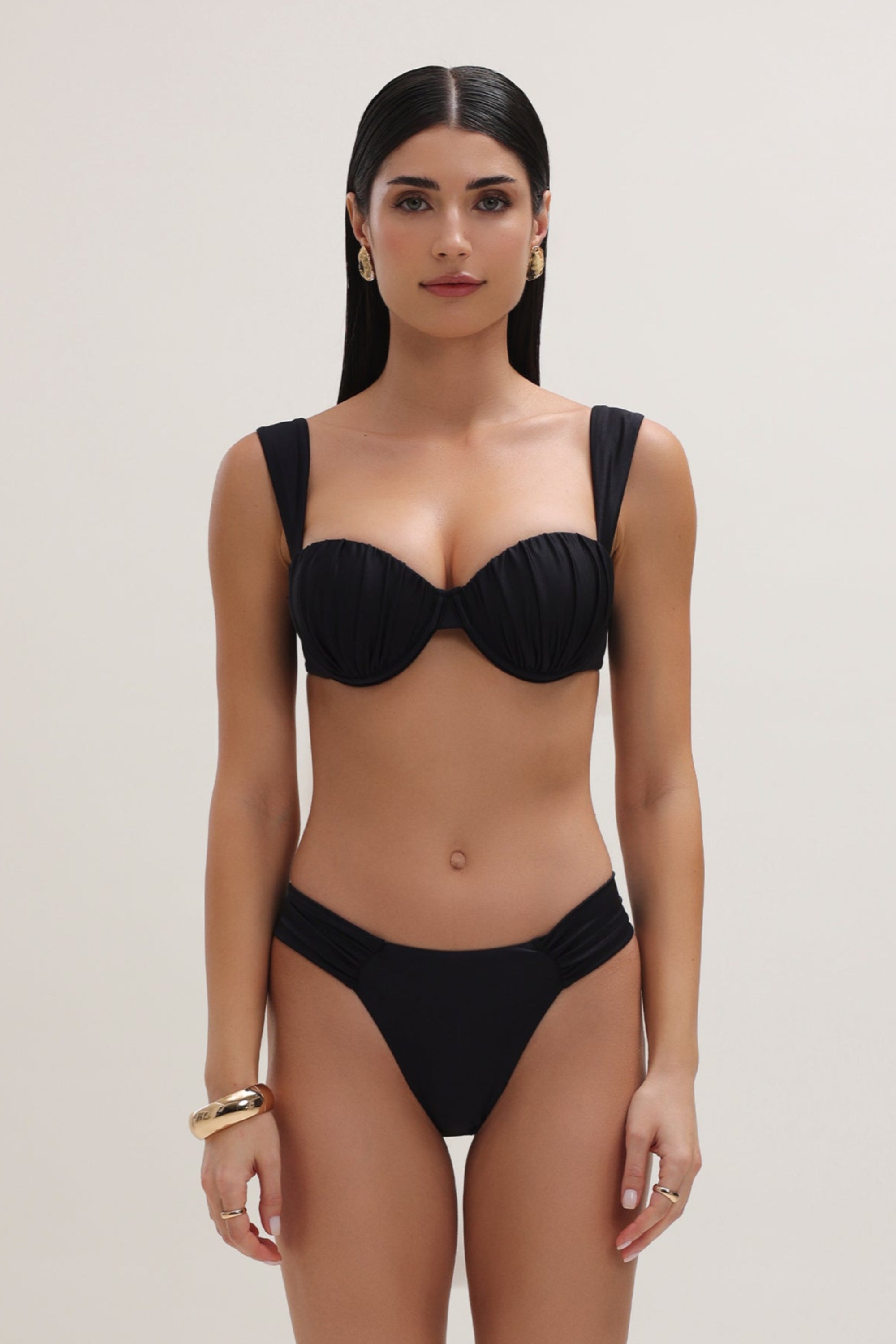 Slip de baie brazilian drapat Negru Onix