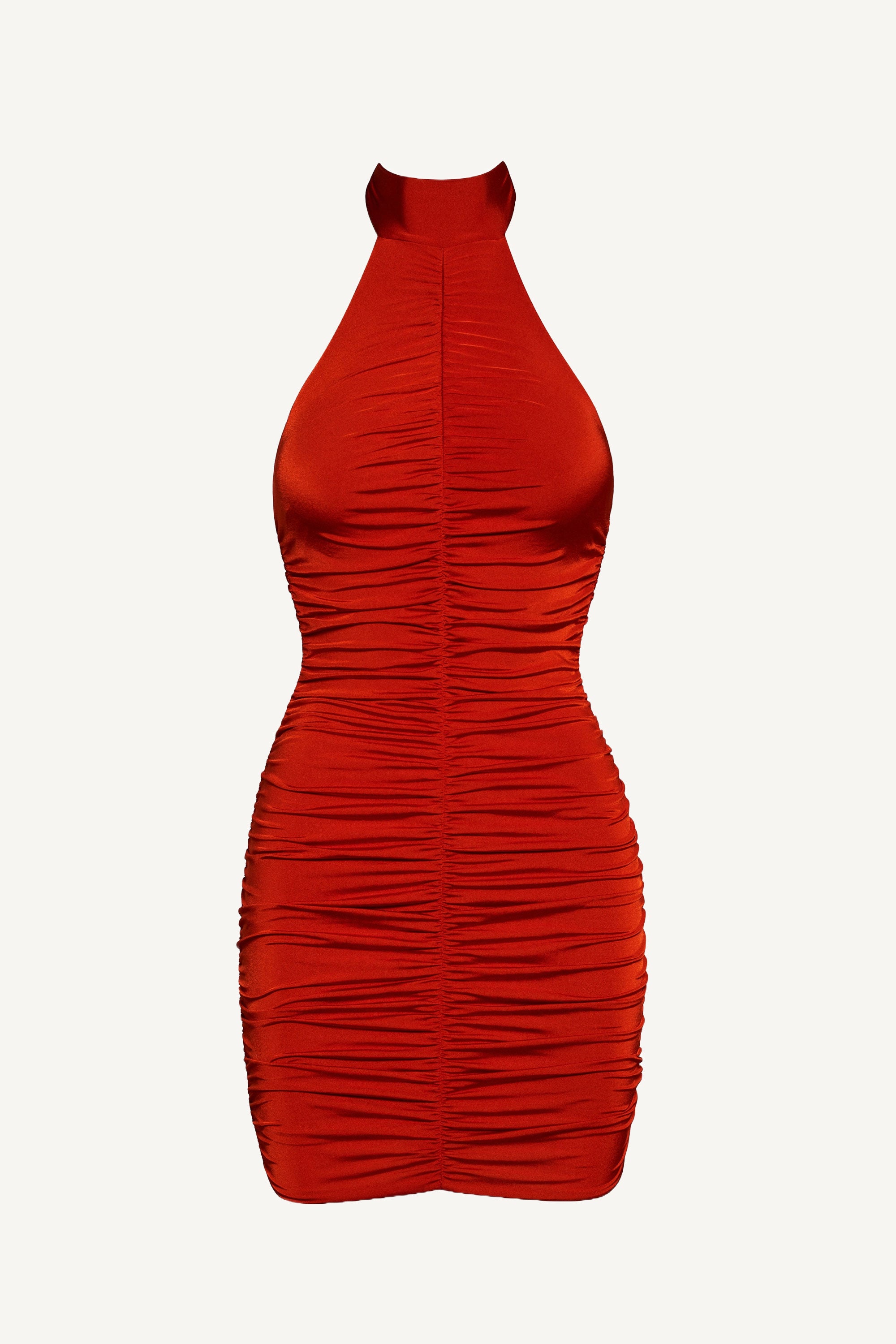 Carmine Ruched Halterneck Mini Dress