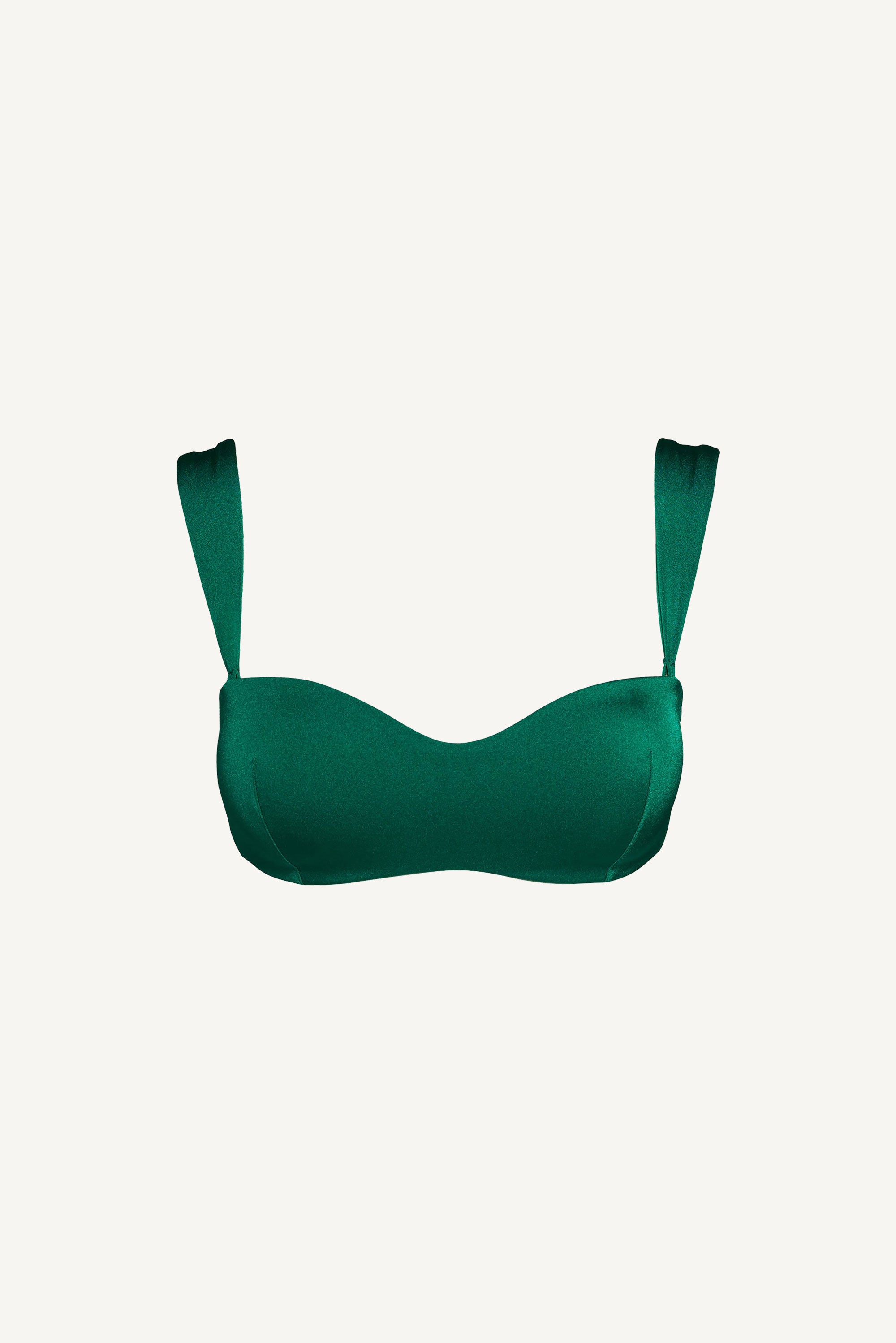 Emerald green bandeau bikini top with structured cups and wide shoulder straps.