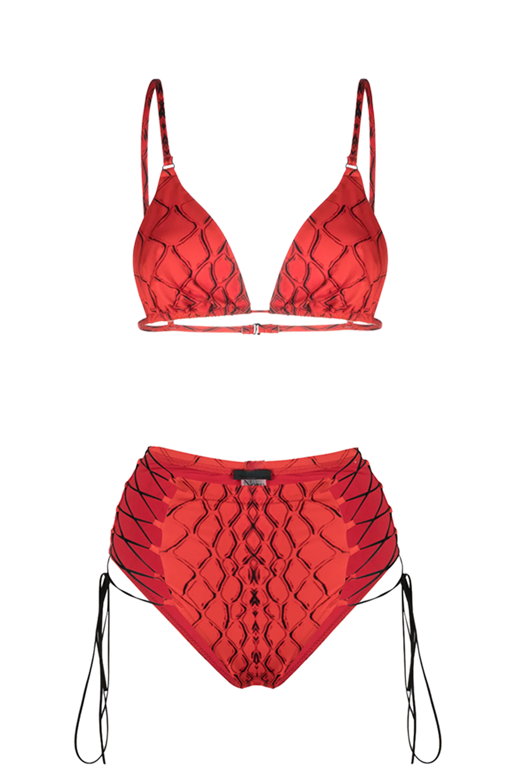 Top Triunghi Șarpe Roșu & Slip High Waist cu Șireturi Laterale.